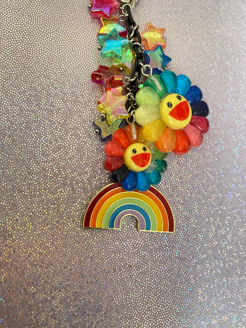 Kidcore Rainbow Keychain with Stars & Flowers – Colorful Beaded Bag Charm