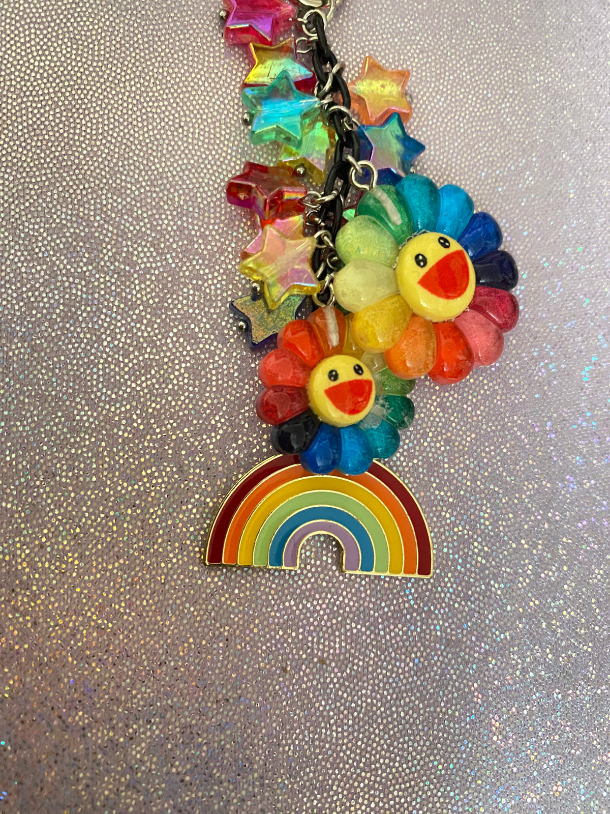 Kidcore Rainbow Keychain with Stars & Flowers – Colorful Beaded Bag Charm