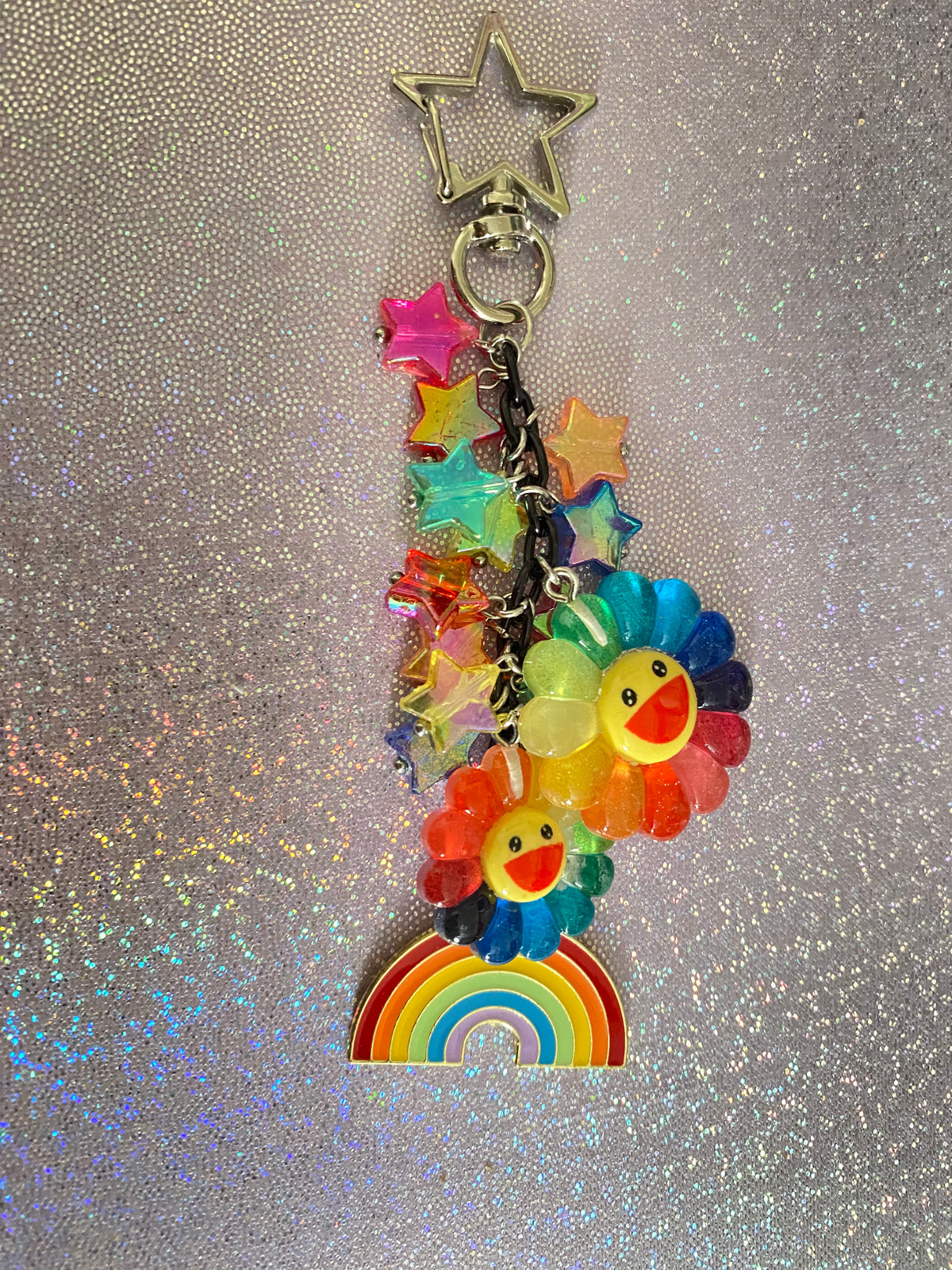 Kidcore Rainbow Keychain with Stars & Flowers – Colorful Beaded Bag Charm
